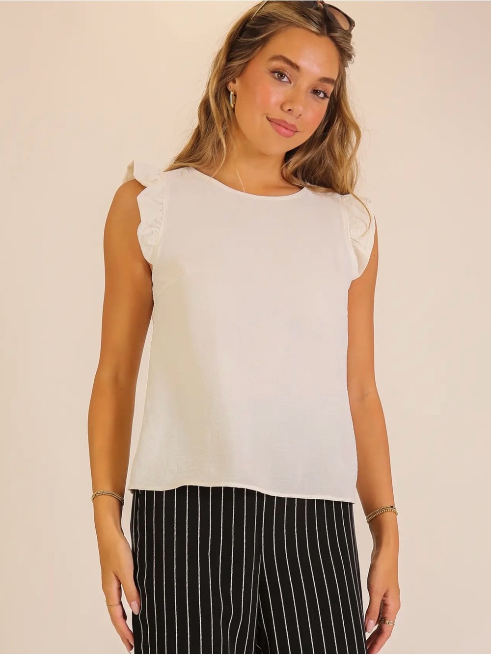Timing Cream Ruffle Cap-Sleeve Shell Top - Picture 4 of 5